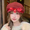 Elegante gorro octogonal de lana para otoño e invierno para mujer, boina dulce con lazo, sombrero de pintor versátil y que adelgaza el rostro, estilo británico