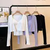 Novo Estilo de Outono Top Redutor de Idade Gola V Manga Curta Cor Lisa Cardigã Jaqueta + Patchwork de Renda Camisola Pequena Conjunto de Duas Peças Doce e Picante
