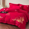 [Casamento Feliz] Algodão Puro Bordado Conjunto de Casamento de Quatro Peças Capa de Edredom de Casamento Lençóis Vermelho Grande Roupa de Cama de Casamento