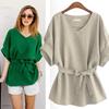 Camisa de Lino Manga Corta Cuello en V Estilo Coreano Talla Grande para Mujer, Nuevo Verano 2026 Top de Algodón y Lino Holgado con Cintura Ajustable
