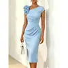 Vestido de Manga Corta con Decoración de Flores de Color Sólido, Cintura Ajustada con Pliegues, Transfronterizo Europeo y Americano