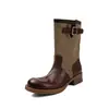 Botines cortos de piel genuina para mujer para comercio exterior, nuevo estilo otoño e invierno 2026, botas apiladas con retazos de lona, botas vaqueras western transfronterizas, botas Martin