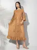 Vestido Plissado Fashion 2025 Novo Cor Sólida Elegante Gola Redonda Solto Tamanho Plus Patchwork Manga Três Quartos Comprimento Médio para Mulheres