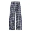 Pantalones casuales de cuadros estilo americano para hombre, corte holgado con cinturón de cordón, pantalones de pierna recta, pantalones anchos de cuadros de estilo urbano ins para deportes