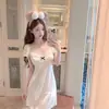 Zui Jiao Chica Dulce Lunares Manga Abullonada Seda Helada Pijama Mujer Verano Nuevo Talla Grande con Almohadillas en el Pecho Conjunto de Ropa para el Hogar