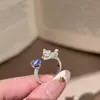 [Gato Papá] Anillo de gato con forma de corazón, azul océano y plateado - un anillo abierto dulce y adorable, de diseño único para el dedo índice