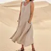 Vestido Casual de Verão Amazon Transfronteiriço Gola Redonda com Bolso Sem Mangas Emagrecedor Feminino de Algodão e Linho Vestido Regata Longo para Mulheres