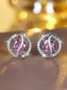 Brincos de tarraxa redondos com zircônia rosa de estilo popular Brincos de tarraxa com design em camadas totalmente cravejados