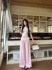 Conjunto casual rosa de estilo coreano, corte relajado, para mujer: una camiseta de manga corta ajustada combinada con pantalones de pierna ancha fluidos de cintura alta - un conjunto de dos piezas