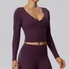 Top sexy de manga larga para yoga con cuello en V, estilo piel desnuda, secado rápido, tejido cepillado por ambos lados, con copas en el pecho, top deportivo para fitness 62628