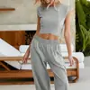 Conjunto Deportivo Casual Transfronterizo para Mujer Top Corto sin Mangas Pantalones de Cintura Alta con Bolsillo Ropa para Yoga Fitness