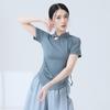 Camisa de Danza Clásica con Cuello Diagonal, Cuello Alto con Botones, Cuello de Qipao Estilo Retro Modificado, Top de Manga Corta Inspirado en Zen, Atuendo de Práctica de Danza