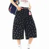 Calça Jeans Cropped Estampada de Bolinhas Retrô Americana 2026 Verão Shorts Finos Largos Lavados Calça de Cintura Média Wide Leg
