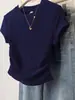 Camiseta Nova Estilo Verão 2026 com Design de Ombro Irregular, Blusa Casual Feminina de Manga Curta Slim Fit, Moda Cintura Marcada