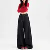 Calça Jeans Larga Azul Escuro Estilo Americano para Mulheres, Outono e Inverno, Forrada com Lã, Cintura Alta, Solta, Caimento Preguiçoso, Reta, Comprimento no Chão