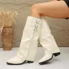 Botas de perna de calça bico fino salto escondido transfronteiriças femininas fivela de cinto cor sólida não acima do joelho emagrecedoras botas longas salto plataforma botas de equitação femininas