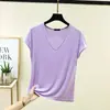 Camiseta Modal Manga Curta Gola V Feminina Verão Tamanho Grande Fina Solta Camisa Base Interna Simples Cor Sólida Top para Usar por Cima