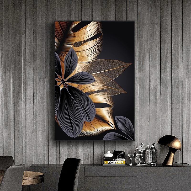 Noir-dor-plante-feuille-toile-