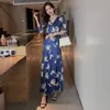 Comércio exterior roupas femininas pronta entrega foto real# saia envelope azul floral cintura fina vestido de peça única vestido longo