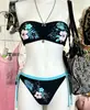 Conjunto de Biquíni Tubinho Y2K Hot Girl para Mulheres, Maiô de Duas Peças com Estampa Floral Tropical e Detalhe Color Block com Amarração para Praia