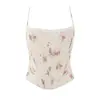Camisola Corsé de Color Crema con Estampado de Rosas Vintage, Lazo en la Espalda, Ajustado, Top Corto