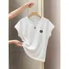Camiseta de manga corta a rayas de algodón puro con hombros rectos y mangas tipo volante, diseño con sentido de la moda, versátil, top color caqui oscuro, ropa de verano para mujer