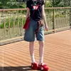 Shorts Jeans Vintage Azul Retro Americano de Cinco Pontas para Mulheres 2025 Novo Cintura Alta Solto Versátil Reta Perna Larga