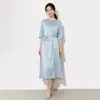 Vestido de Seda Estilo Minimalista, Color Sólido, Vestido de Verano de Seda para Mujer con Mangas Medias y Cinturón de Corbata, Versátil y Elegante para el Trabajo