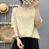 Cardigan Feminino de Gaze de Camada Dupla com Bordado de Florzinhas Frescas em Desenho Animado de Estilo Japonês, Decote V, Manga Curta, Atacado