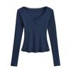 Outono Novo Estilo Pure Wind Grande Gola Redonda Costura Renda Manga Longa Top Feminino Fio Slim-fit Slimming Breasted T-shirt