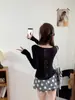 Top de manga larga con encaje en la espalda y cuello redondo, clásico, moderno, versátil, color liso, camiseta básica