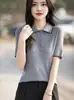 Primavera de 2026 Novo Suéter de Tricô Color Block com Gola Polo de Manga Curta em Lã Feminino Camisa Básica Slimming de Manga Três Quartos