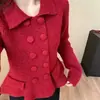 Abrigo suéter de punto brillante de manga larga, estilo coreano con cuello polo, estilo francés ajustado, de doble botonadura