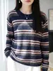 Elegante Suéter de Punto con Cuello Redondo, Rayas Contrastantes de Lentejuelas, Estilo para el Trayecto Diario, Ligeramente Brillante, Versátil Moda para Mujer Primavera/Otoño