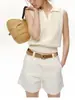 Chaleco de Punto Beige con Cuello Polo y Mangas Cortas con Diseño Calado, Top sin Mangas Adelgazante y Elegante para Mujer, Nuevo Estilo de Verano