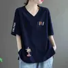 Camiseta de Manga Corta de Algodón de Imitación Estilo Nuevo para Mujer, Verano Estampada Cuello en V Holgada Talla Grande Moda Casual Tops para Mediana Edad
