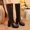 Botas de Moda Elegantes de Salto Alto 2026 Outono Salto Bloco Bico Quadrado Retrô Botas Skinny Tamanho Grande Comércio Exterior Botas Longas de Cano Alto Mulheres