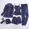 Pijama nuevo de siete piezas con flores para mujer, primavera, manga larga, tipo seda, sexy, para estar en casa