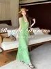 Vestido de lunares estilo francés con cuello halter para mujer, Vestido verde elegante de verano, Vestido bodycon que ciñe la cintura, Vestido largo de vacaciones