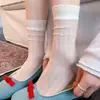Calcetines de ballet blancos estilo Miu para mujer, calcetines finos de verano hasta la mitad de la pantorrilla, calcetines largos de malla transpirable de color liso para apilar en verano