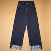 Pantalones Rectos de Mezclilla Azul con Bloqueo de Color y Dobladillo Plegado, Jeans de Algodón Lyocell Estampados que Adelgazan y Estilizan la Figura