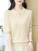 Top de punto con cuello polo de hilo de núcleo para mujer, camiseta de manga larga, nuevo estilo otoño 2026, cuello de solapa, camiseta básica para madres de mediana edad