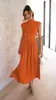 Vestido Largo de Verano con Estilo Callejero Dulce y de Moda Europeo y Americano para Comercio Exterior, Cuello Alto, Color Macarrón, que Muestra la Cintura