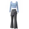 Conjunto de shorts com saia e cordão irregular para yoga feminino Gola quadrada francesa slim fit manga longa respirável elástico vestuário esportivo fitness para mulheres