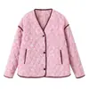 Atacado Transfronteiriço 2023 Moda Europeia e Americana Feminina Rosa Gola V Estampada Solta Casual Versátil Patchwork Jaqueta de Algodão
