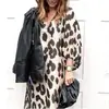 Amazon Ebay Novo Vestido Longo Outono e Inverno Gola V Solto Manga Lanterna Estampa de Leopardo Saia Longa