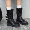 Botas Versátiles de Media Caña con Tacón Grueso de Cuero Genuino para Mujer, Otoño Nuevo Botines Individuales de Moda con Hebilla de Cinturón de Suela Gruesa, Botas Martin, Botas de Montar que Aumentan la Altura