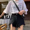 Novedad Verano 2021 Pantalones Cortos de Mezclilla de Cintura Alta para Mujer Estilo Coreano Pierna Ancha Uniformes Línea A Rasgados Sueltos Pantalones Cortos Calientes Ins Tendencia