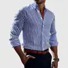Talla Europea Transfronteriza Nueva Camisa de Manga Larga Rayas Verticales Verde y Blanco para Hombre Commute de Negocios Sin Planchar Versátil Camisa para Hombre