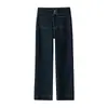 Jeans Acampanados Cortos de Mujer de Cintura Alta con Doble Hebilla en Color Denim Liso [Estiramiento Universal en Cuatro Direcciones] de Trece Líneas de Guangzhou